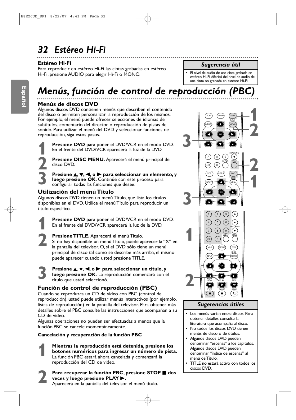 32 estéreo hi-fi, Menús, función de control de reproducción (pbc) | Philips DVP3345V-17 User Manual | Page 94 / 126