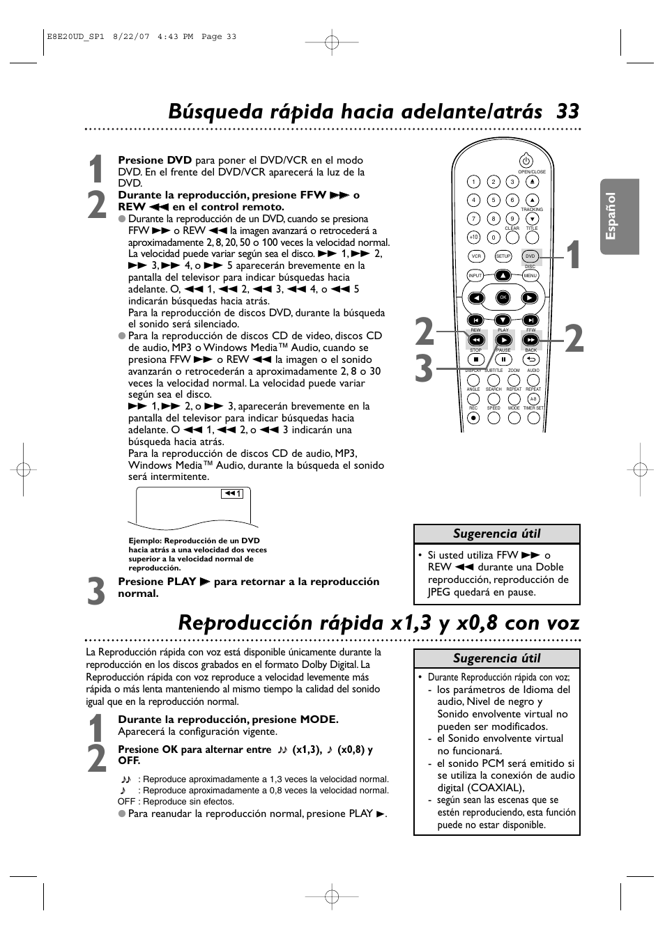 Búsqueda rápida hacia adelante/atrás 33, Reproducción rápida x 1,3 y x0,8 con voz | Philips DVP3345V-17 User Manual | Page 95 / 126