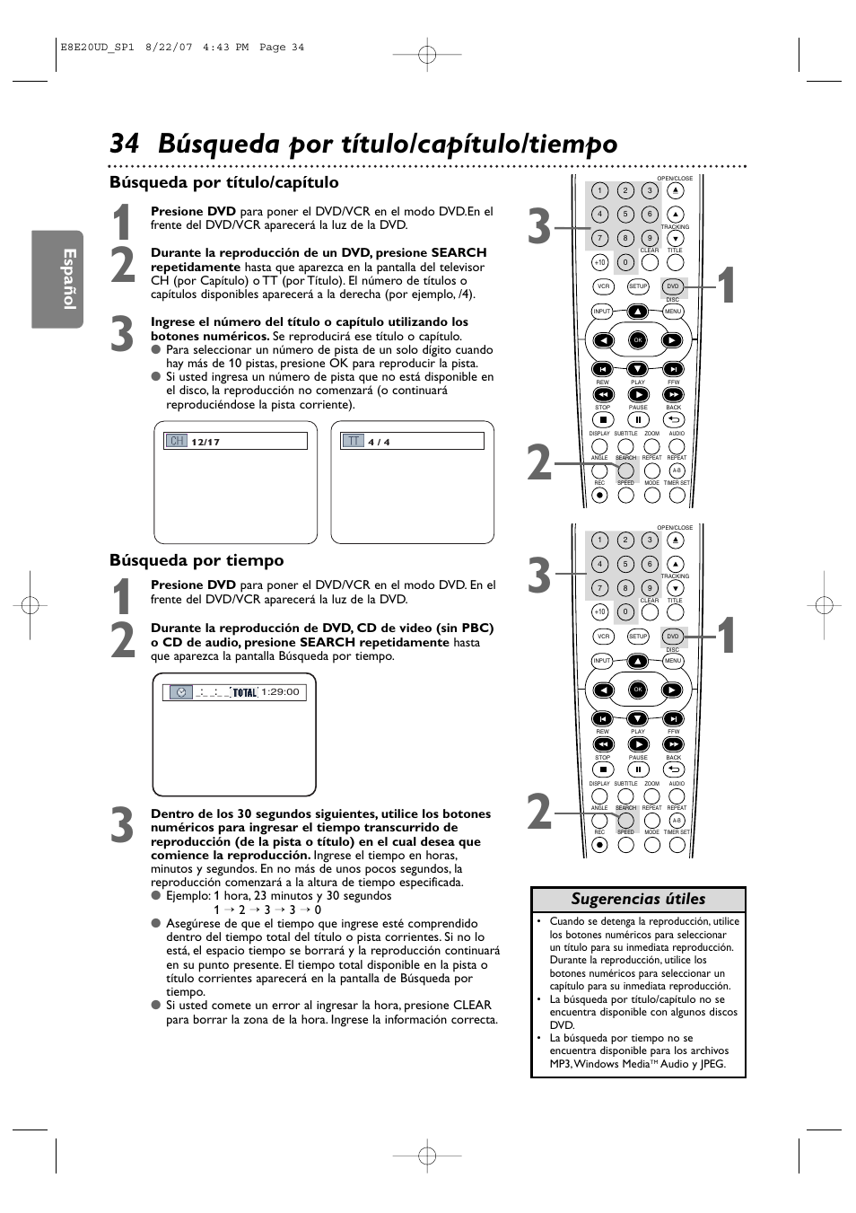 34 búsqueda por título/capítulo/tiempo, Español, Búsqueda por tiempo | Búsqueda por título/capítulo, Sugerencias útiles | Philips DVP3345V-17 User Manual | Page 96 / 126