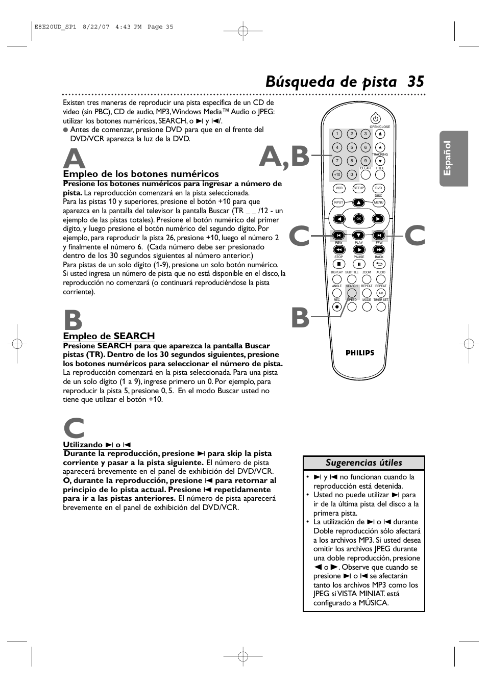 Ca,b c b, Búsqueda de pista 35, Español | Empleo de los botones numéricos, Empleo de search, Sugerencias útiles | Philips DVP3345V-17 User Manual | Page 97 / 126