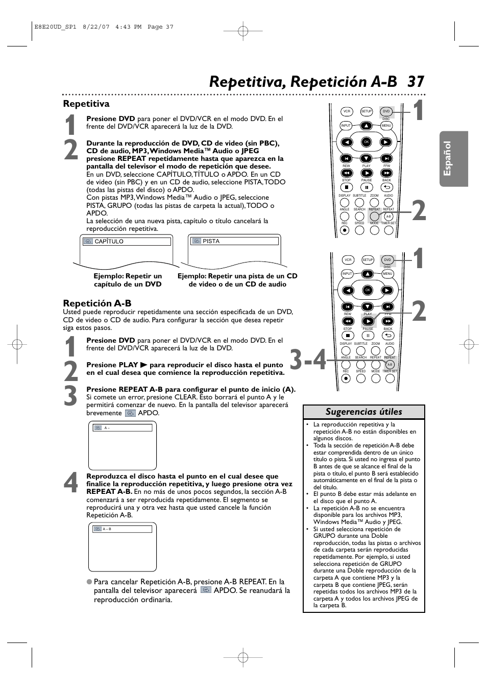 Repetitiva, repetición a-b 37, Español, Sugerencias útiles | Repetición a-b, Repetitiva | Philips DVP3345V-17 User Manual | Page 99 / 126