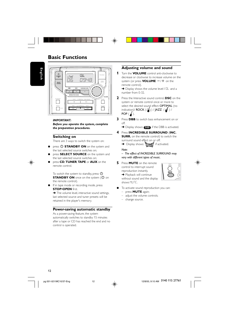 Basic functions, Switching on, Power-saving automatic standby | Adjusting volume and sound 1 | Philips MC10 User Manual | Page 12 / 21