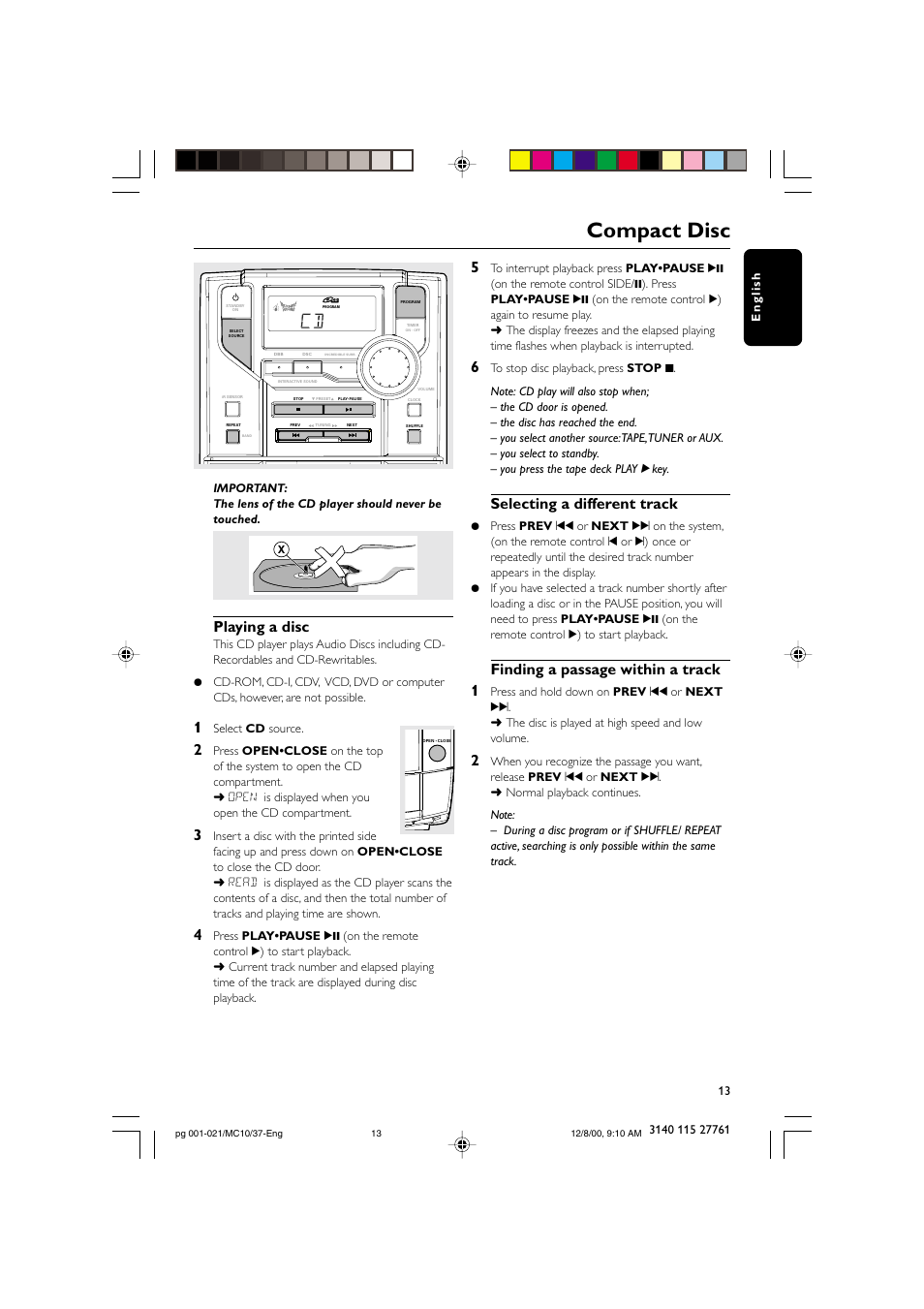 Compact disc, Playing a disc, Selecting a different track | Finding a passage within a track 1 | Philips MC10 User Manual | Page 13 / 21