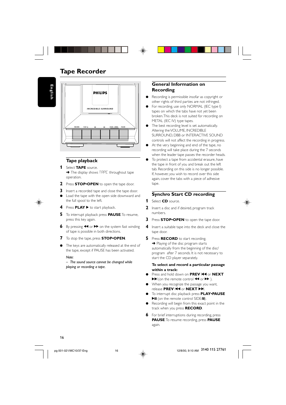 Tape recorder, Tape playback 1, General information on recording | Synchro start cd recording 1 | Philips MC10 User Manual | Page 16 / 21