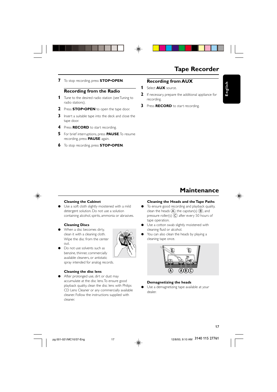 Tape recorder maintenance | Philips MC10 User Manual | Page 17 / 21