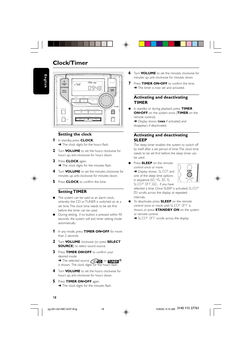 Clock/timer, Setting the clock 1, Setting timer | Activating and deactivating timer, Activating and deactivating sleep | Philips MC10 User Manual | Page 18 / 21