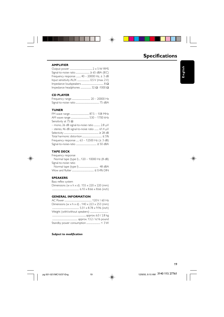 Specifications | Philips MC10 User Manual | Page 19 / 21