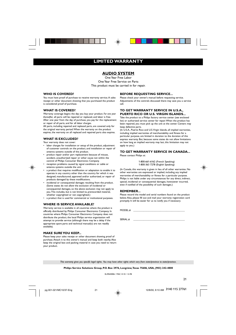 Limited warranty, Audio system | Philips MC10 User Manual | Page 21 / 21