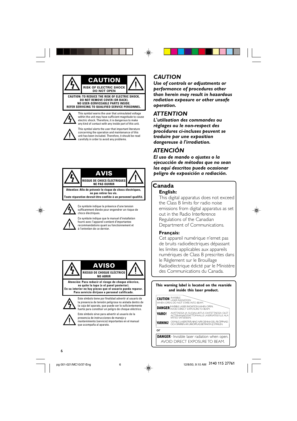 Caution, Attention, Atención | Avis, Aviso, Canada | Philips MC10 User Manual | Page 6 / 21