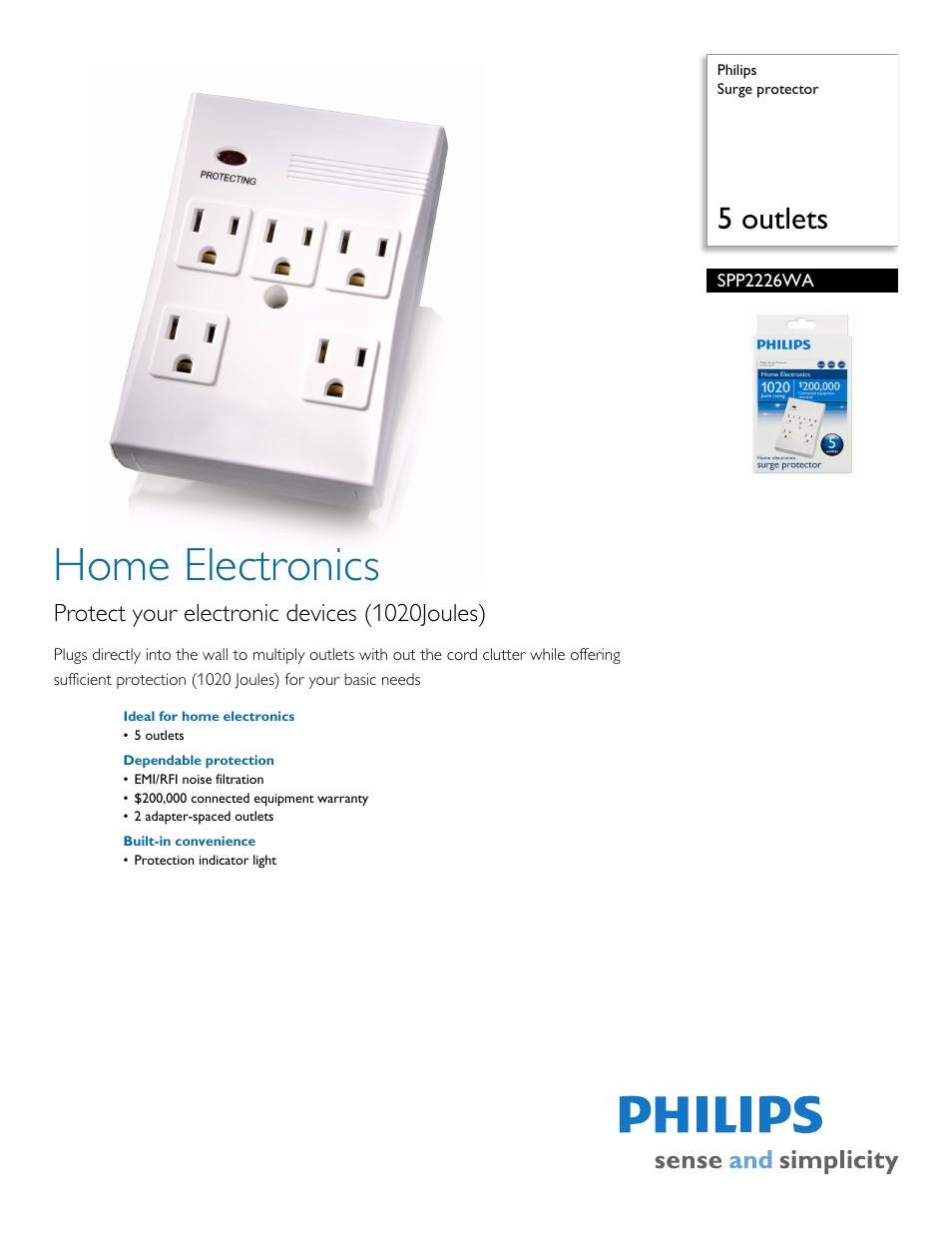 Philips Surge protector SPP2226WA 5 outlets User Manual | 2 pages