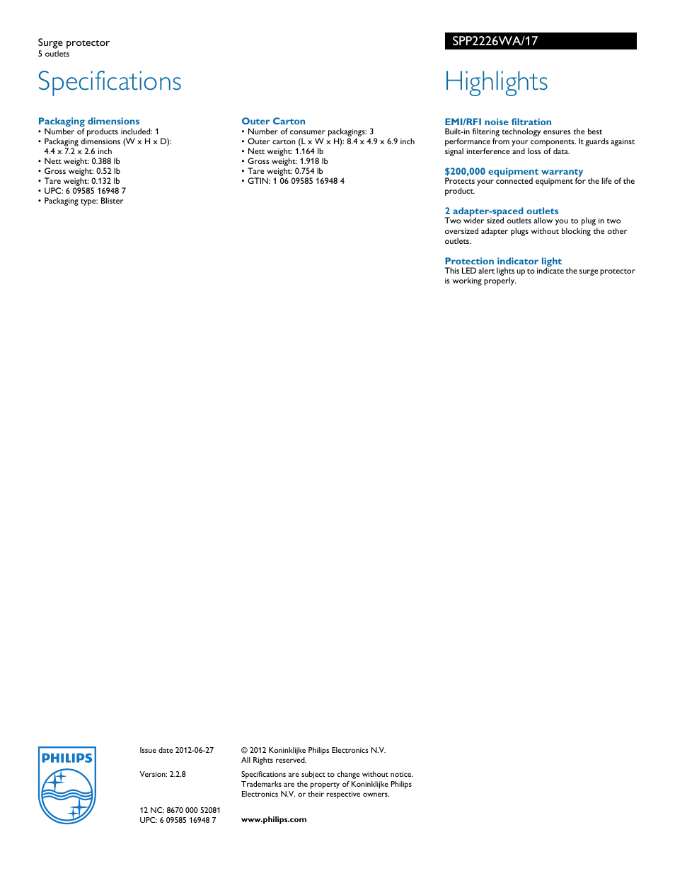 Specifications, Highlights | Philips Surge protector SPP2226WA 5 outlets User Manual | Page 2 / 2