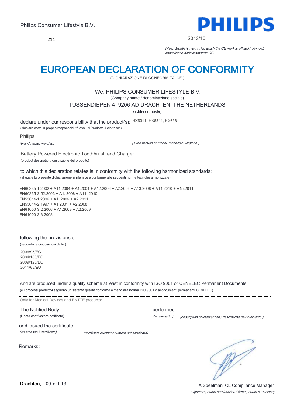 European declaration of conformity | Philips Sonicare For Kids Rechargeable sonic electric toothbrush HX6311-07 2 modes 1 brush head User Manual | Page 10 / 22