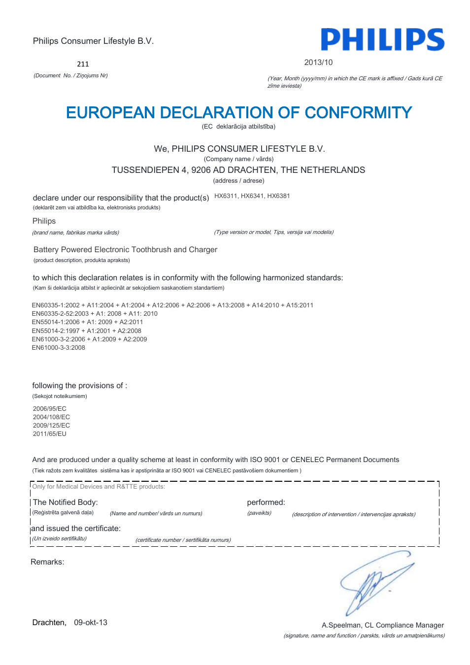 European declaration of conformity | Philips Sonicare For Kids Rechargeable sonic electric toothbrush HX6311-07 2 modes 1 brush head User Manual | Page 12 / 22