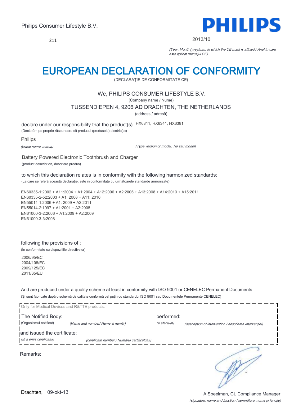 European declaration of conformity | Philips Sonicare For Kids Rechargeable sonic electric toothbrush HX6311-07 2 modes 1 brush head User Manual | Page 15 / 22