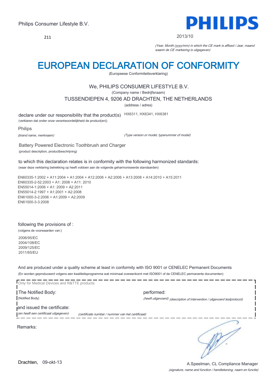 European declaration of conformity | Philips Sonicare For Kids Rechargeable sonic electric toothbrush HX6311-07 2 modes 1 brush head User Manual | Page 4 / 22