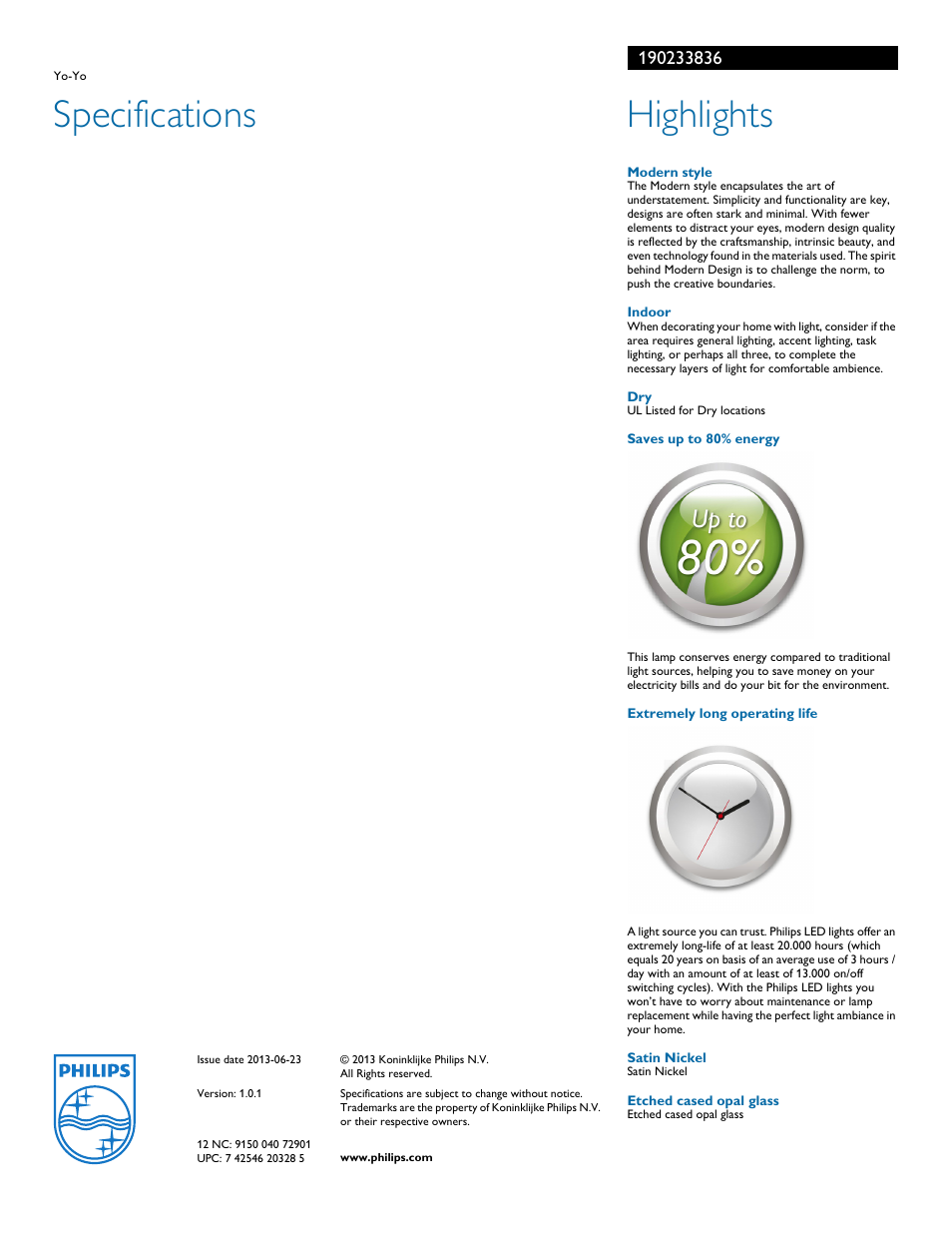 Specifications, Highlights | Philips 190233836 User Manual | Page 2 / 2