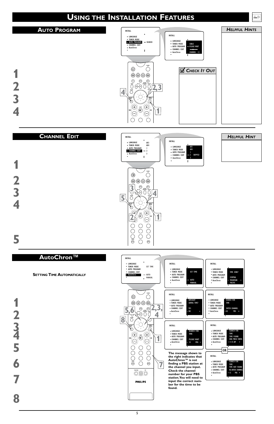 Sing the, Nstallation, Eatures autochron™ c | Hannel, Cc c, Rogram h | Philips 55PW9363 User Manual | Page 5 / 8