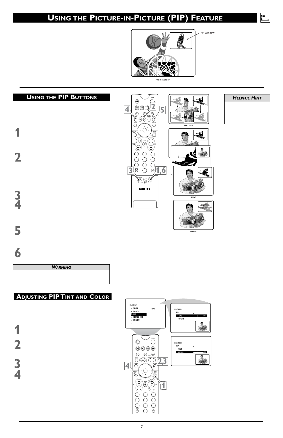 Pip) f, Sing the, Icture | Eature u, Pip b, Pip t, Uttons, Djusting, Int and, Olor | Philips 55PW9363 User Manual | Page 7 / 8