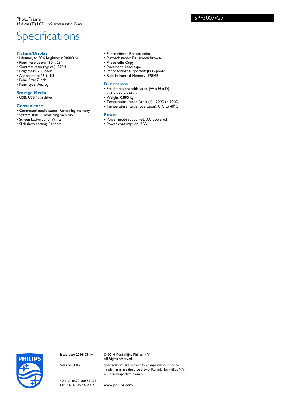 Specifications | Philips SPF3007-G7 User Manual | Page 2 / 2