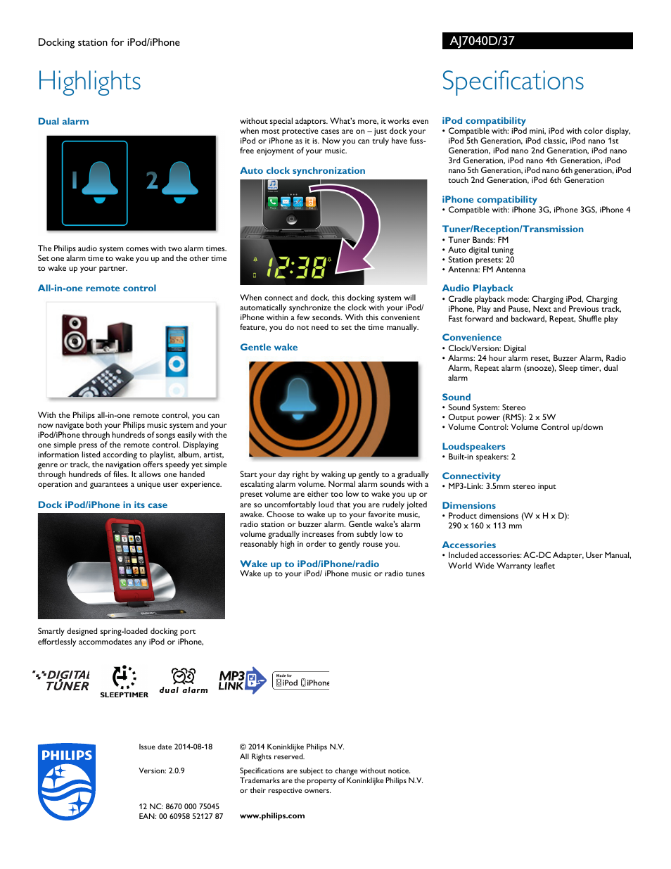 Highlights, Specifications | Philips AJ7040D-37 User Manual | Page 2 / 2