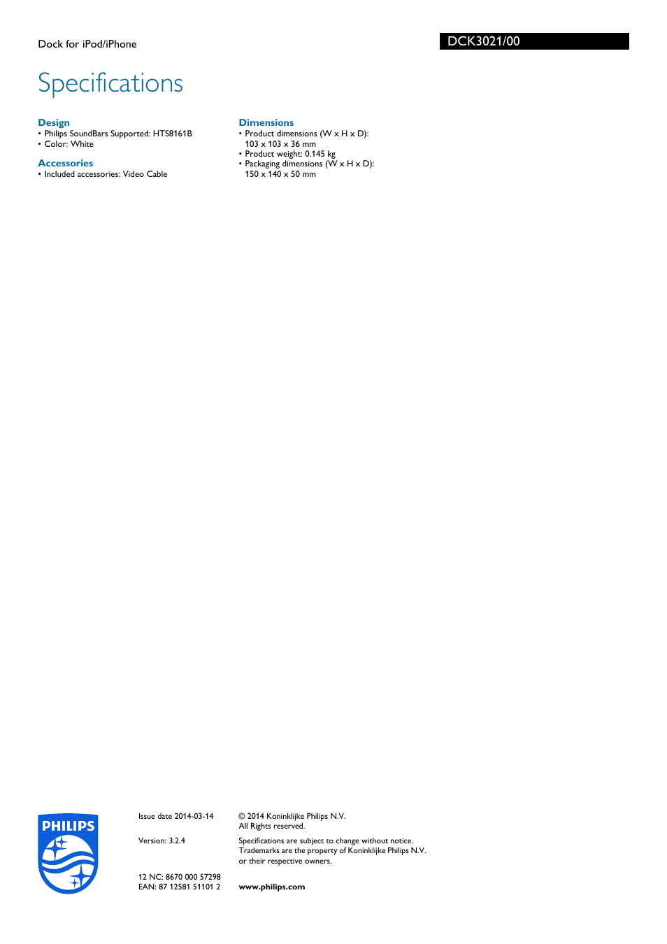 Specifications | Philips DCK3021-00 User Manual | Page 2 / 2