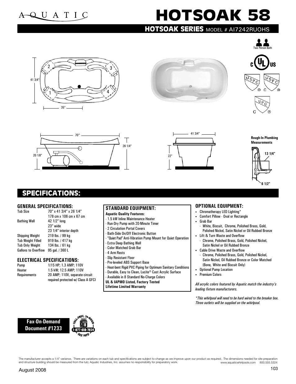 Aquatic HOTSOAK 58 AI7242RUOHS User Manual | 1 page