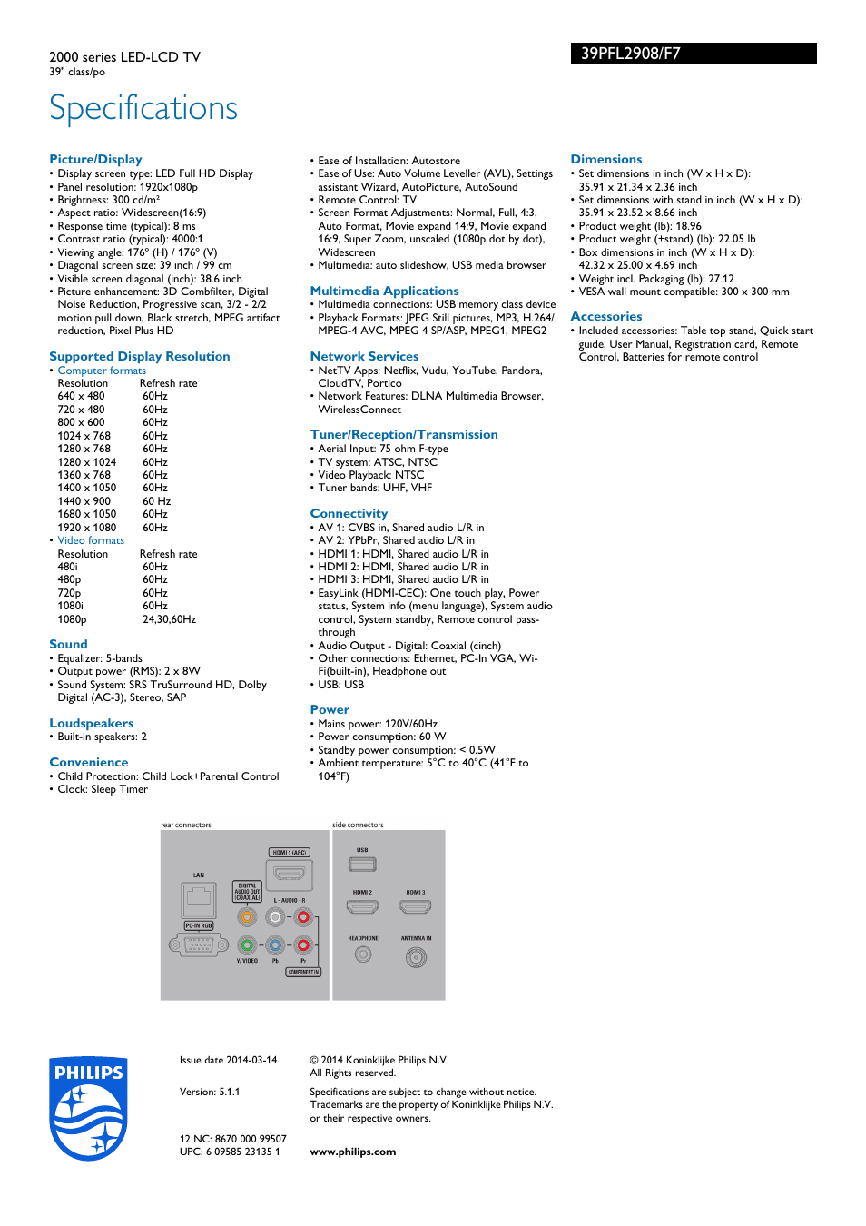 Specifications | Philips 2000 series LED-LCD TV 39PFL2908 39" class-po User Manual | Page 3 / 3
