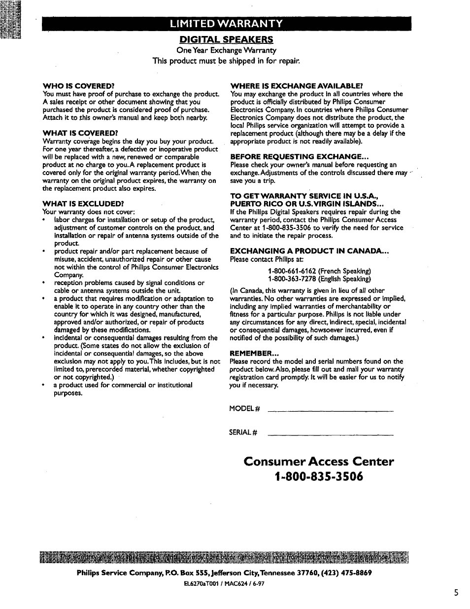 Consumer access center, Limited warranty digital speakers | Philips DSS350S1 User Manual | Page 5 / 9