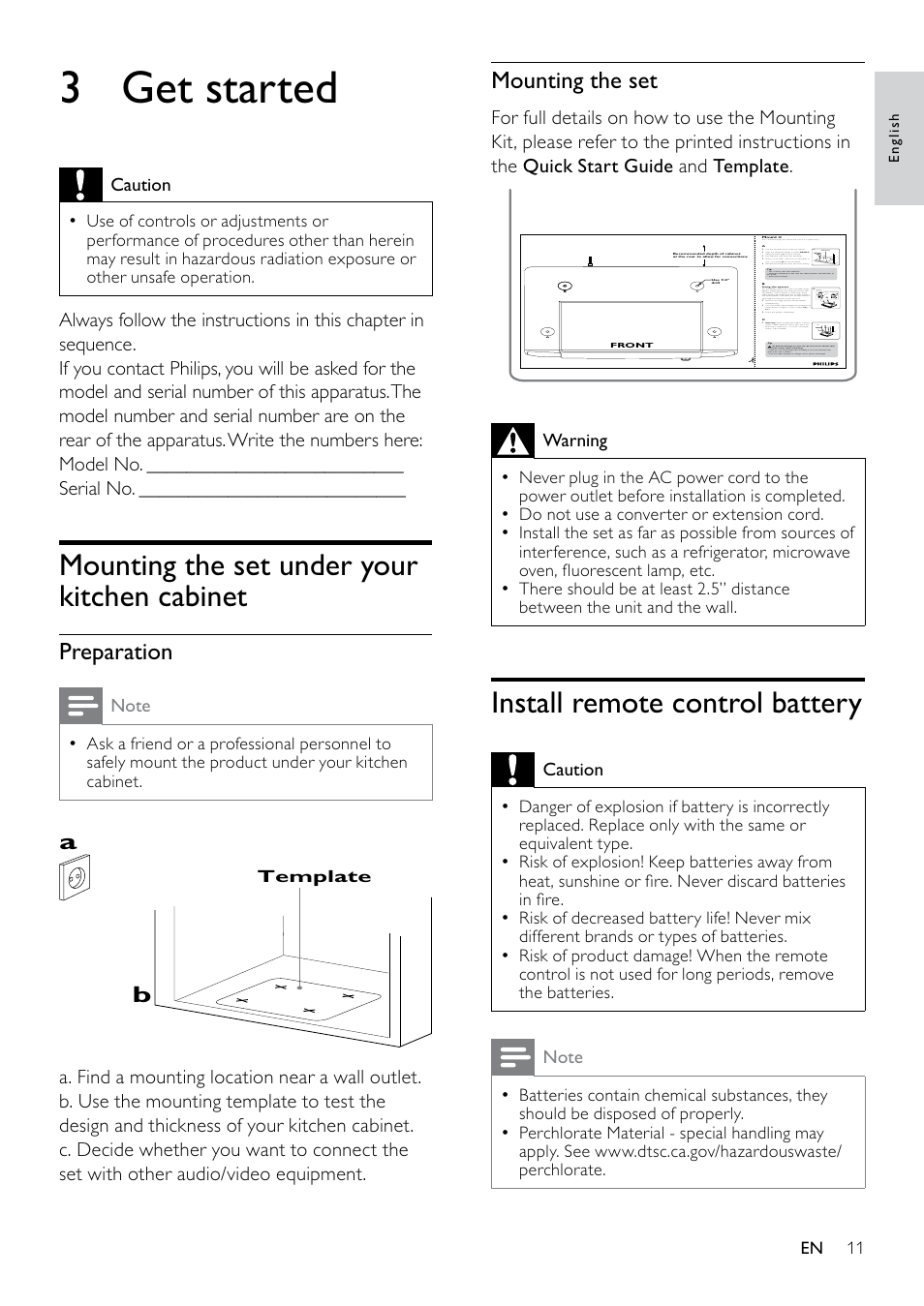 3 get started, Mounting the set under your kitchen cabinet, Install remote control battery | 3 get, Started | Philips DC6210-37 User Manual | Page 11 / 19