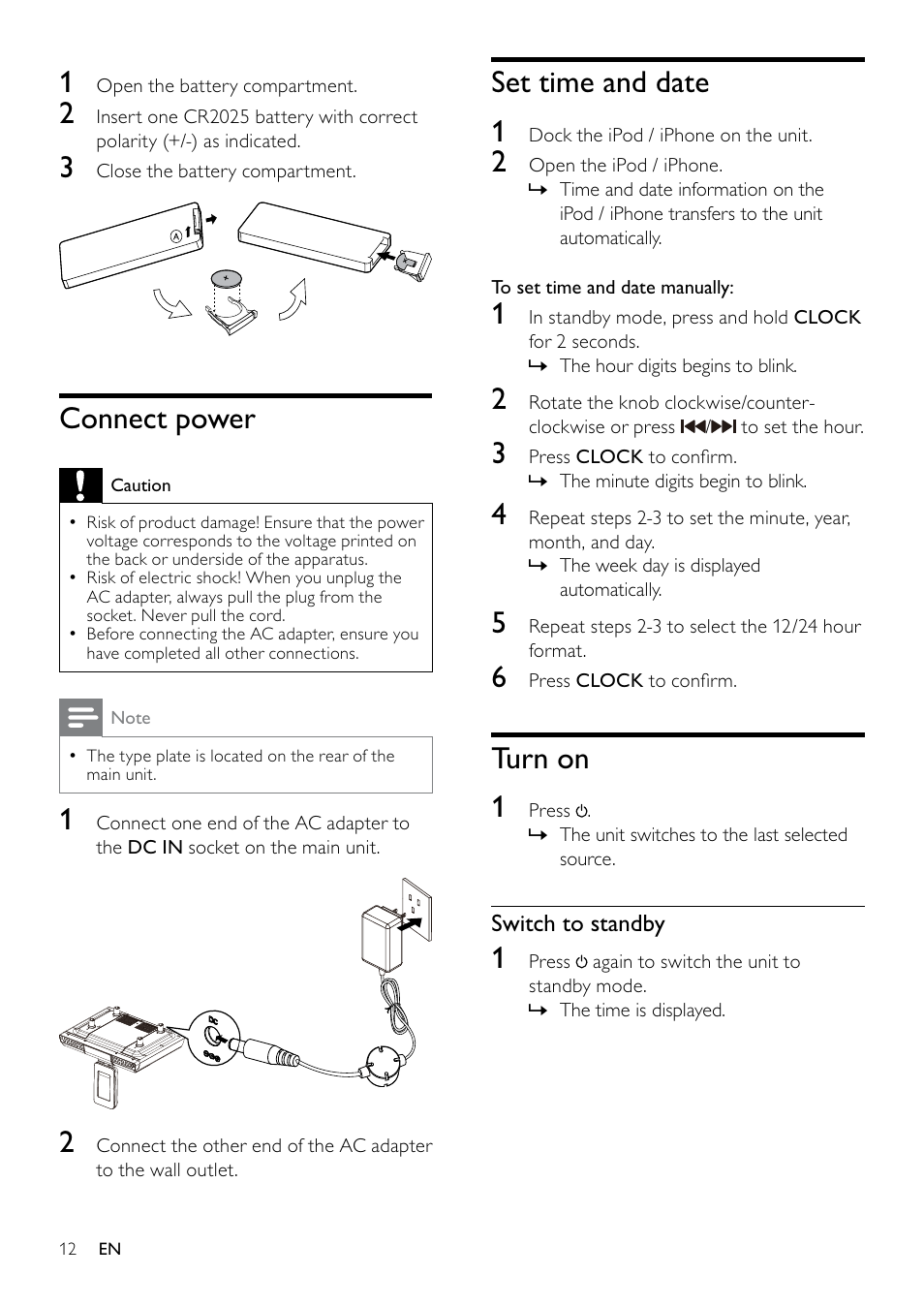 Connect power, Set time and date, Turn on | Philips DC6210-37 User Manual | Page 12 / 19