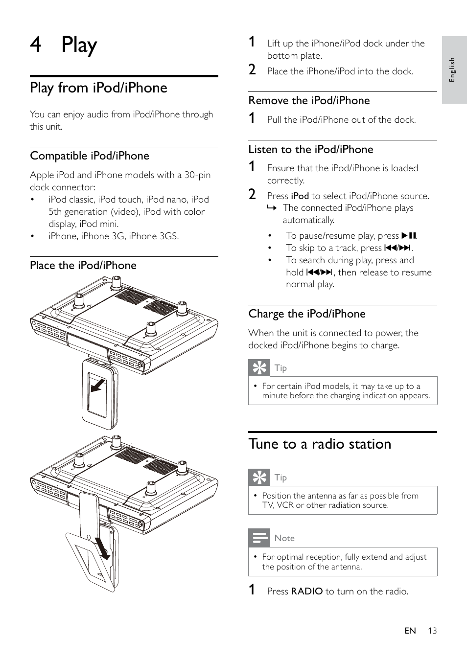 4 play, Play from ipod/iphone, Tune to a radio station | Philips DC6210-37 User Manual | Page 13 / 19