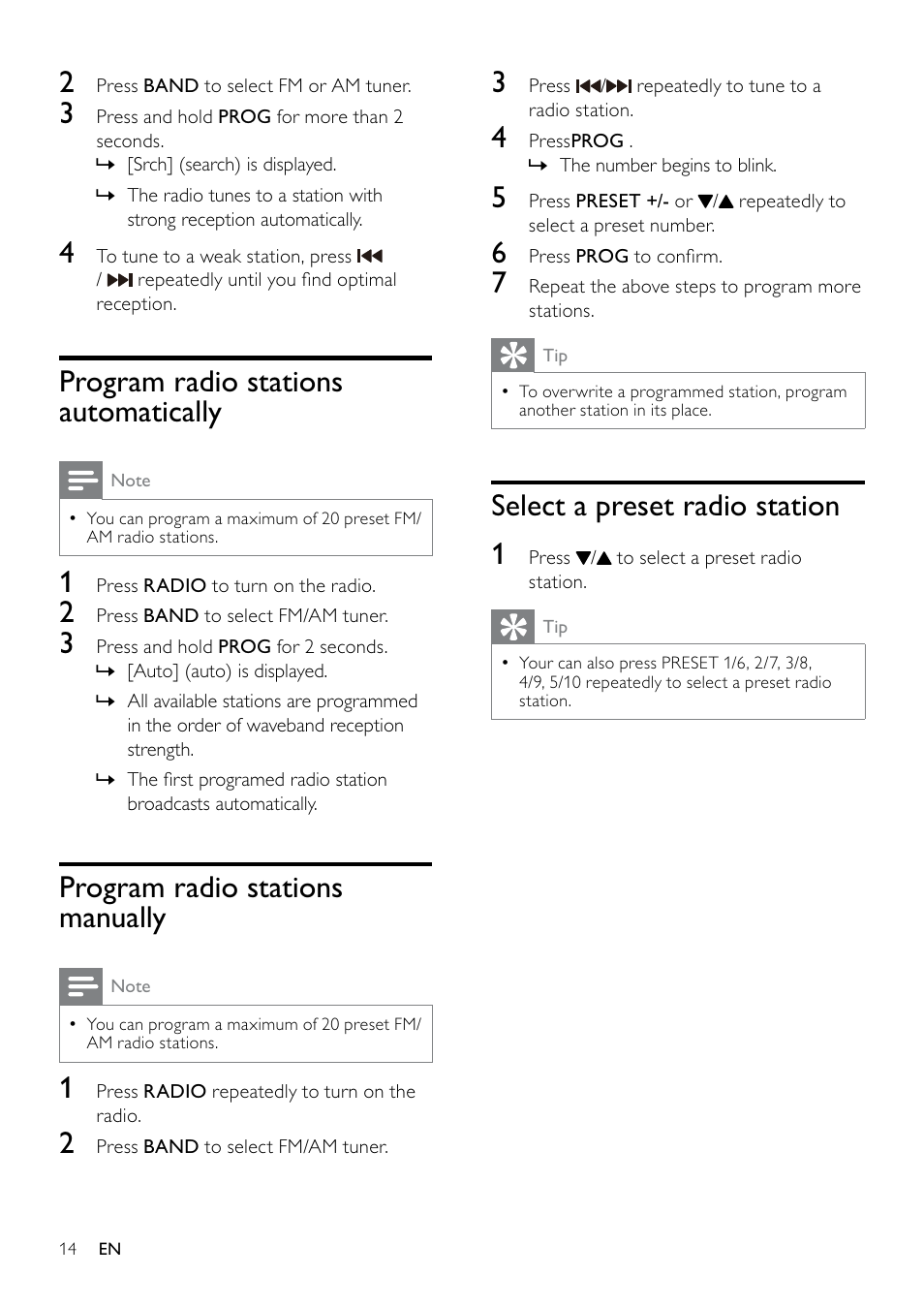 Program radio stations automatically, Program radio stations manually, Select a preset radio station | Select a preset radio station 1 | Philips DC6210-37 User Manual | Page 14 / 19