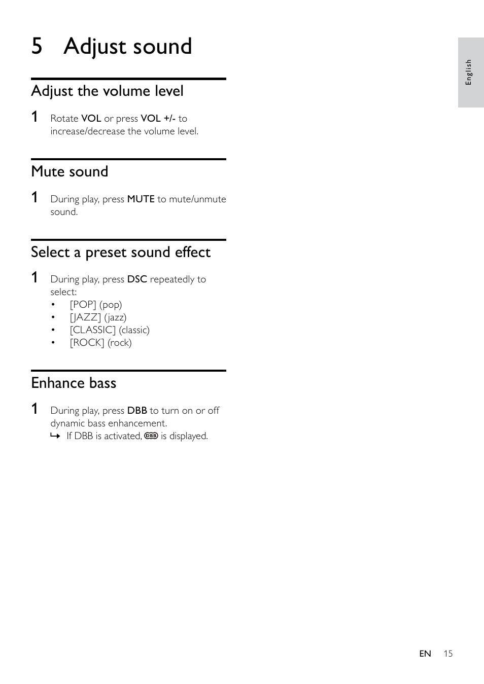 5 adjust sound, Adjust the volume level, Mute sound | Select a preset sound effect, Enhance bass, 5 adjust, Sound, Adjust the volume level 1, Mute sound 1, Select a preset sound effect 1 | Philips DC6210-37 User Manual | Page 15 / 19