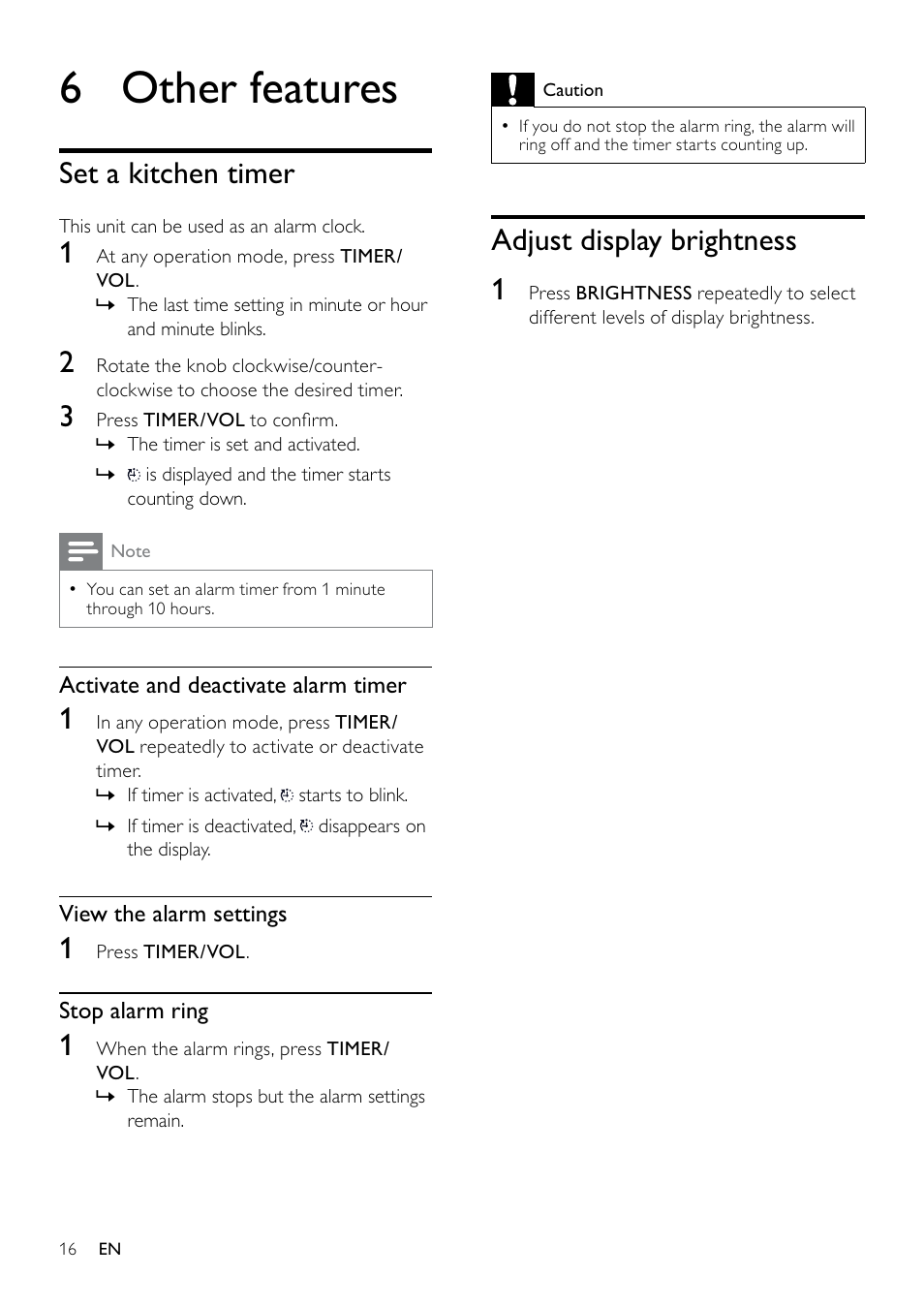 6 other features, Set a kitchen timer, Adjust display brightness | 6 other, Features, Adjust display brightness 1 | Philips DC6210-37 User Manual | Page 16 / 19