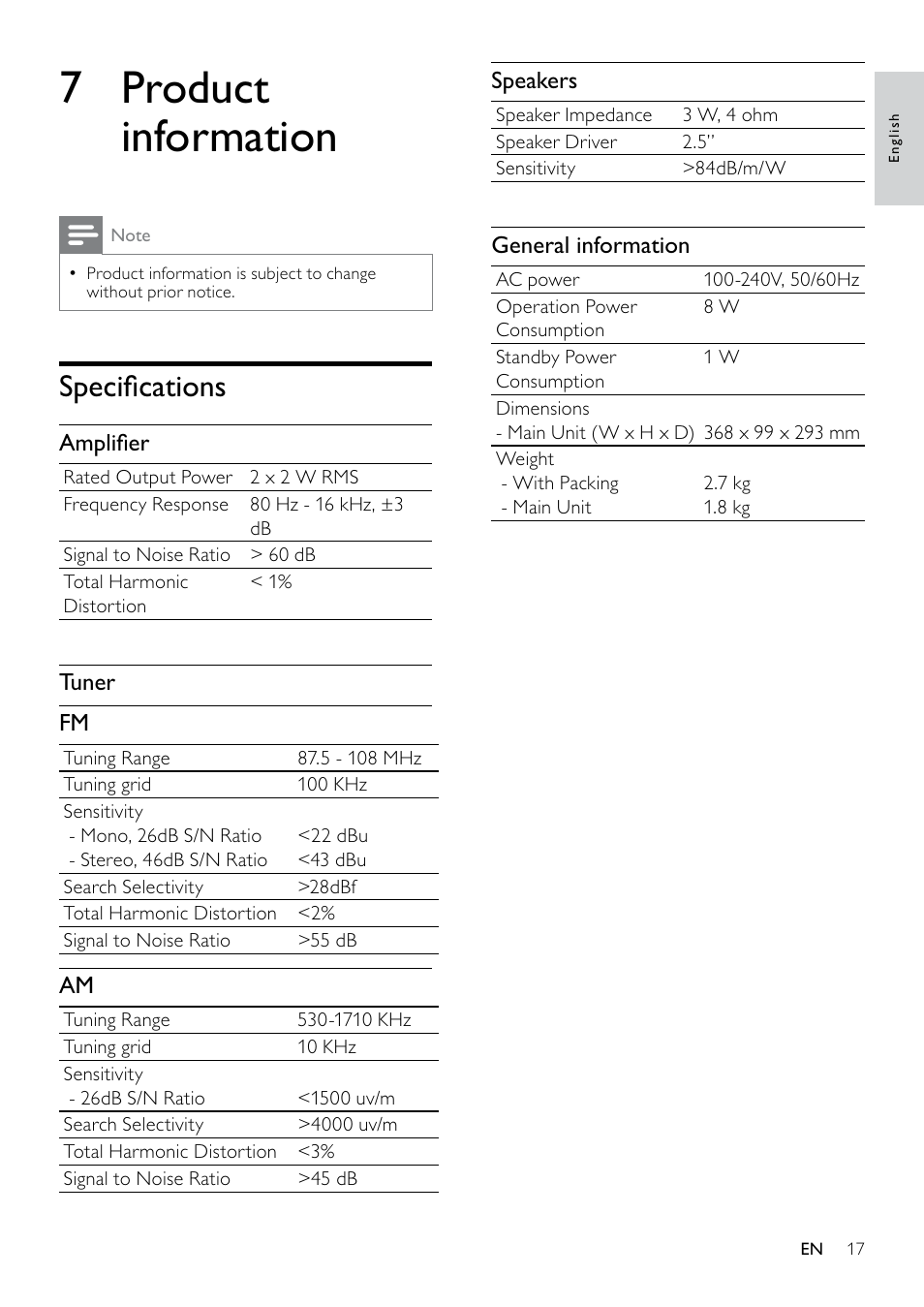 7 product information, Specifications, 7 product | Information, Speciﬁcations 17, Speciﬁcations | Philips DC6210-37 User Manual | Page 17 / 19