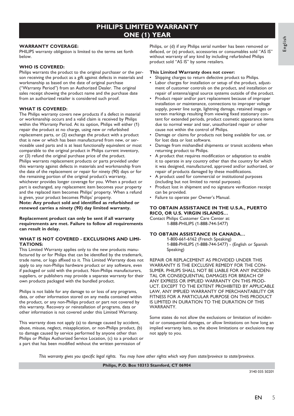 Philips limited warranty one (1) year | Philips DC6210-37 User Manual | Page 5 / 19