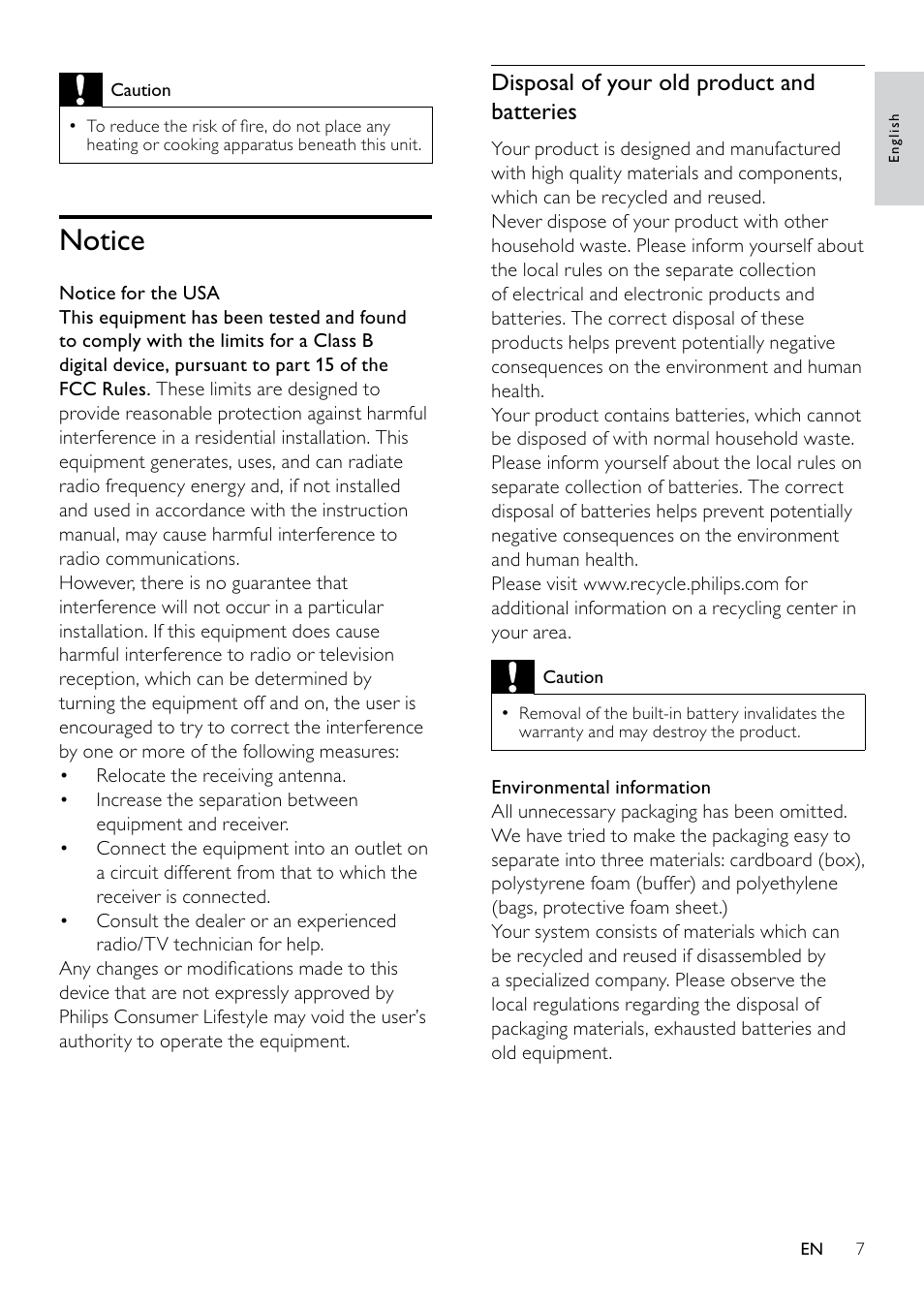 Notice, Notice 7, Disposal of your old product and batteries | Philips DC6210-37 User Manual | Page 7 / 19