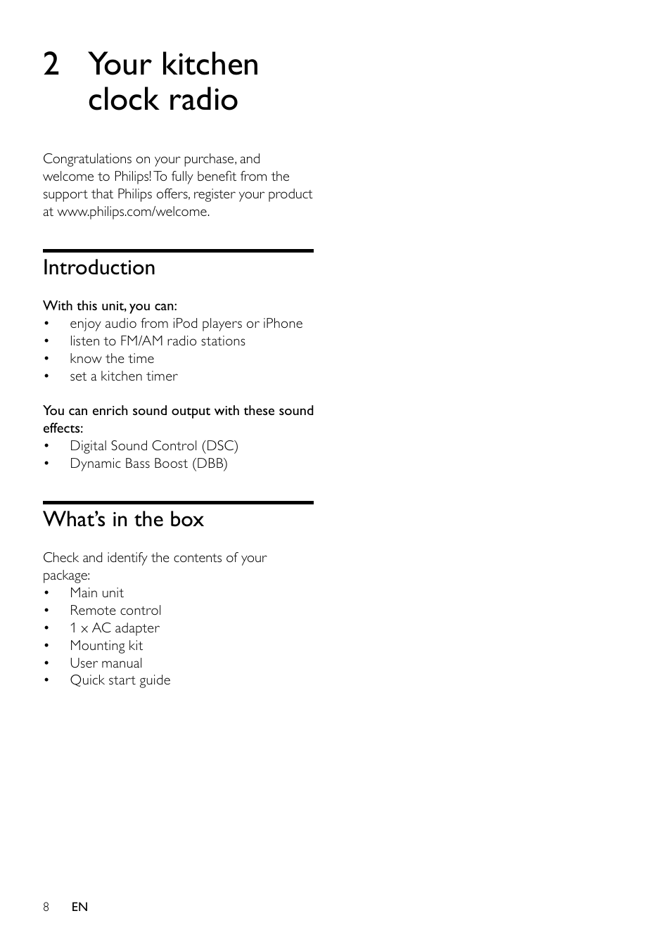 2 your kitchen clock radio, Introduction, What’s in the box | Introduction 8 what’s in the box | Philips DC6210-37 User Manual | Page 8 / 19