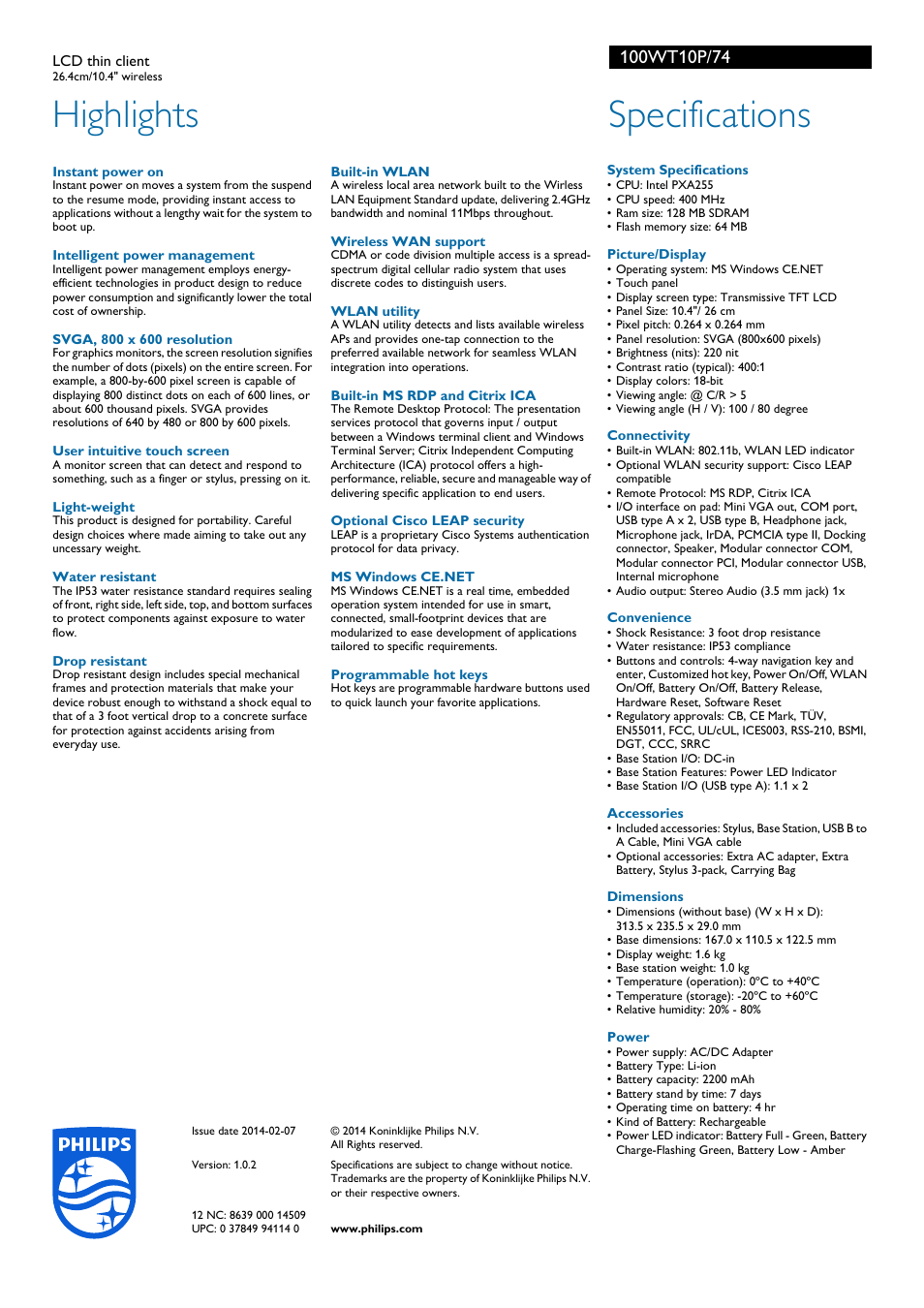 Highlights, Specifications | Philips 100WT10P-74 User Manual | Page 2 / 2