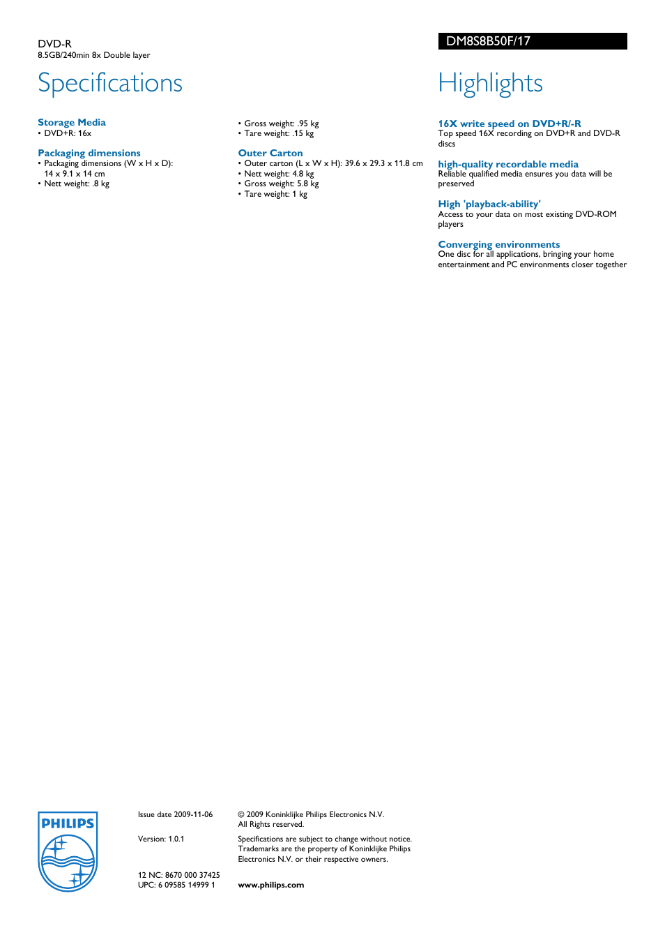 Specifications, Highlights | Philips DM8S8B50F-17 User Manual | Page 2 / 2