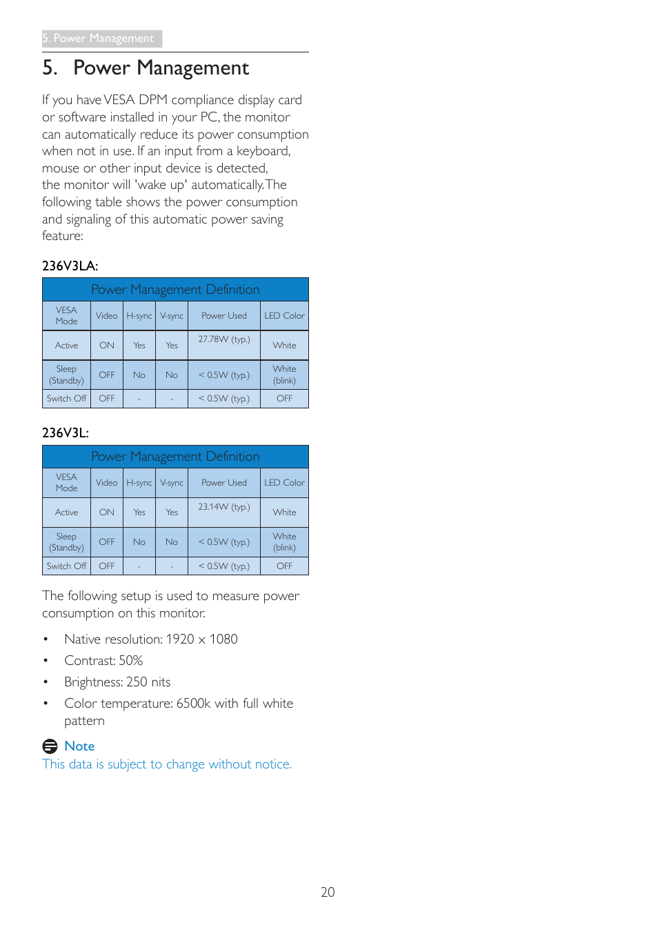 Power management, 236v3l: power management definition | Philips 236V3LAB-00 User Manual | Page 22 / 38