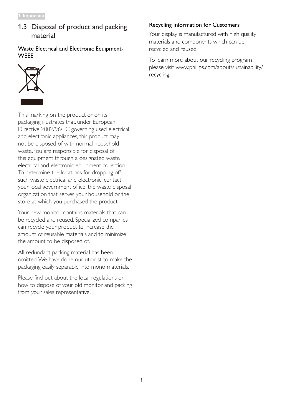 3 disposal of product and packing material | Philips 236V3LAB-00 User Manual | Page 5 / 38