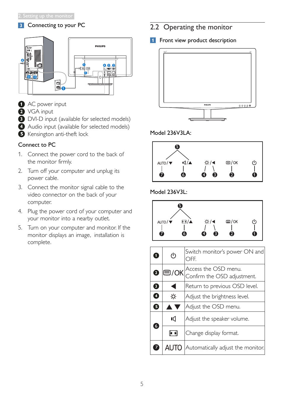 2 operating the monitor | Philips 236V3LAB-00 User Manual | Page 7 / 38