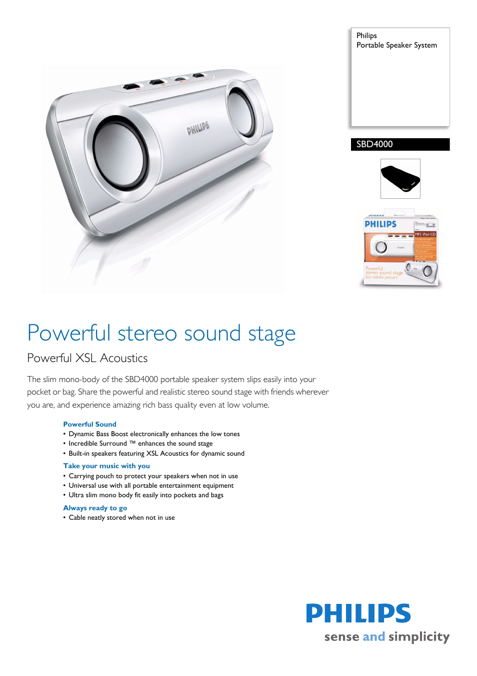 Philips Portable Speaker System SBD4000 User Manual | 2 pages