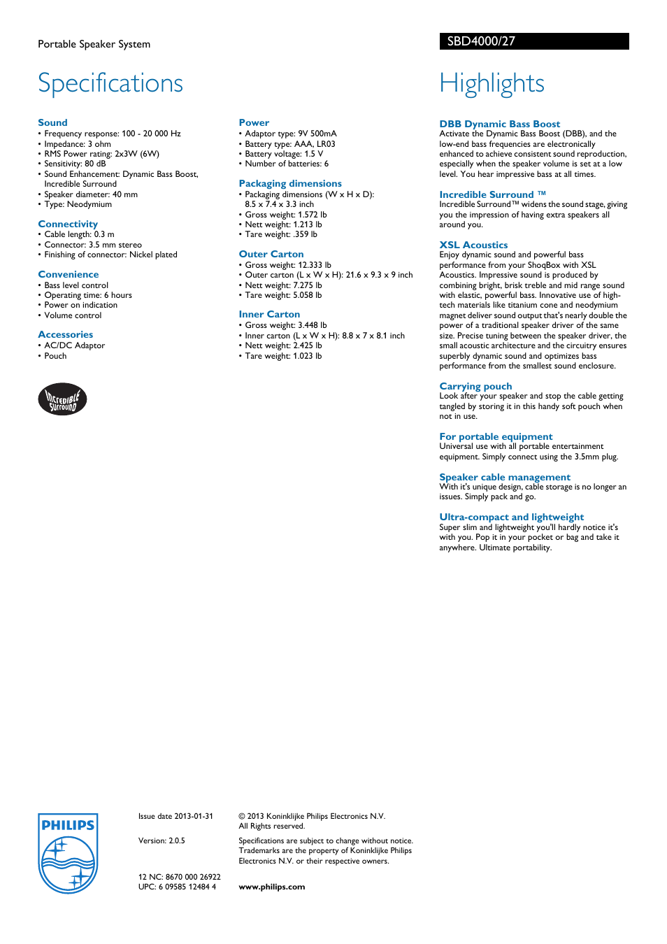 Specifications, Highlights | Philips Portable Speaker System SBD4000 User Manual | Page 2 / 2