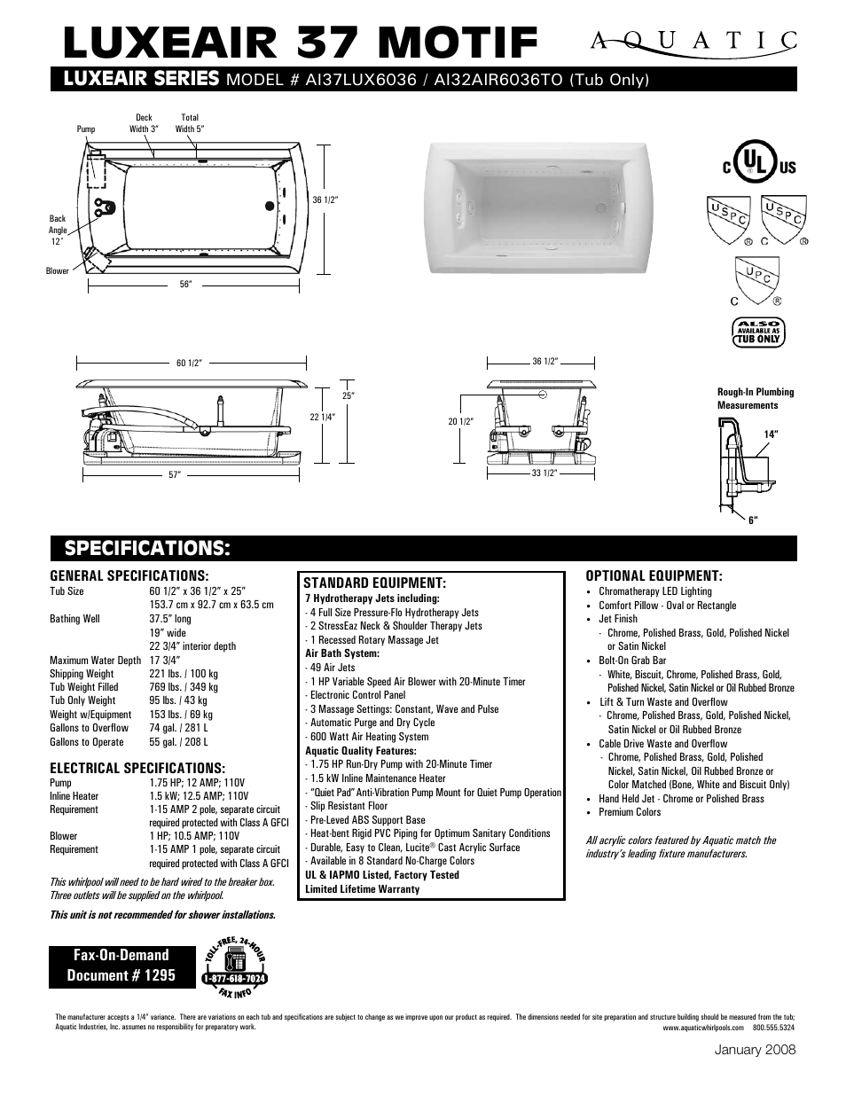 Aquatic AI37LUX6036 User Manual | 1 page