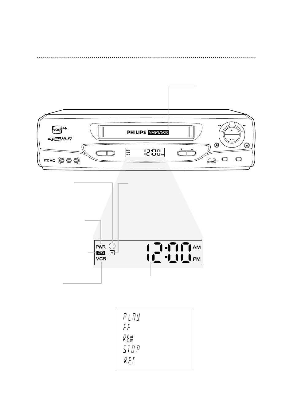 Vcr display panel 27, Cassette compartment insert a tape here | Philips VRA670AT99 User Manual | Page 27 / 68