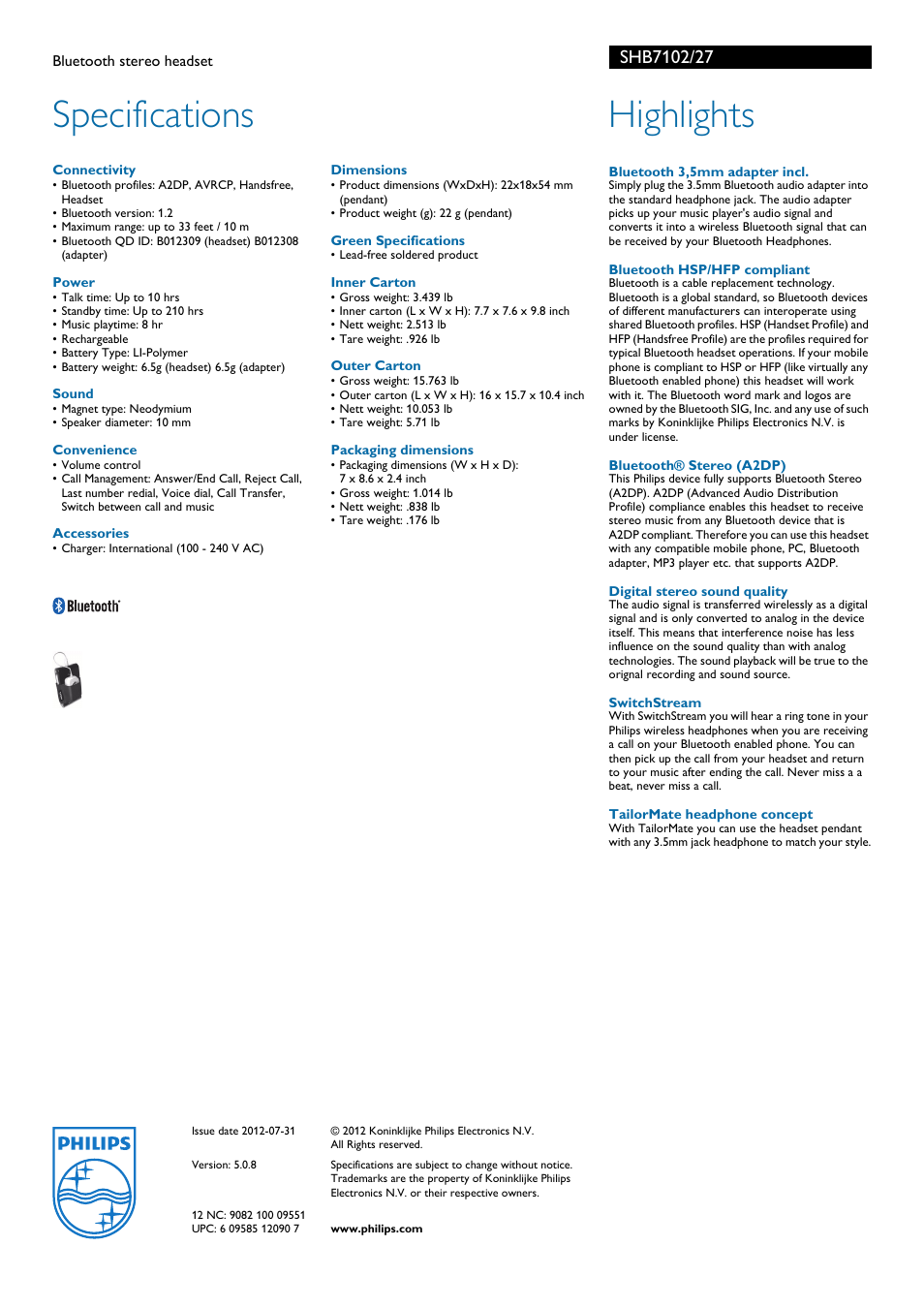 Specifications, Highlights | Philips SHB7102-27 User Manual | Page 2 / 2