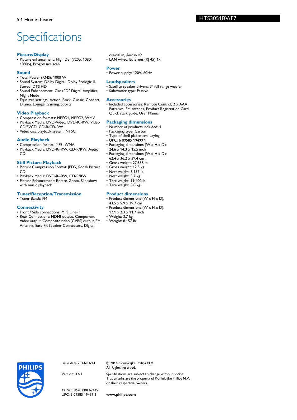 Specifications | Philips HTS3051BV-F7 User Manual | Page 3 / 3