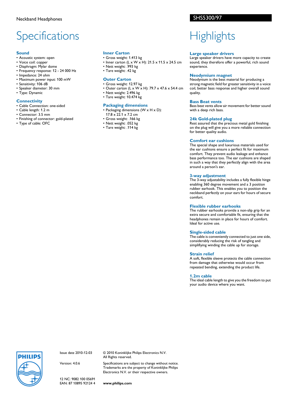 Specifications, Highlights | Philips SHS5300-97 User Manual | Page 2 / 2